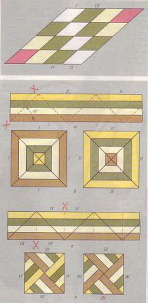 FIG. 6. Montando o padrão rômbico (acima). Montagem fragmentos triangulares e seu uso nos blocos quilt (inferior)