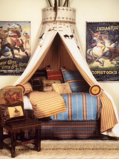 He is not a fan of cowboys, but I want to keep the tee-pee idea for when we change the room. Maybe a rocket ship, boat sail, tent, or just multicolored material. A reading hut maybe or a castle with…