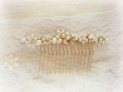 Bridal Hair Comb Ivory and Champangne Pearls And Crystals, Gold Hair Piece, LEAH