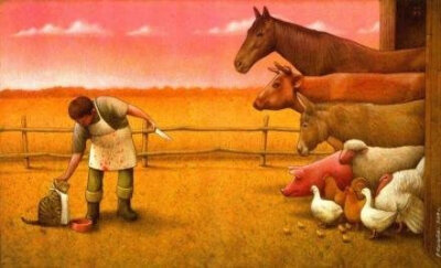 波兰插画家Pawel Kuczynski，画风属于现代波兰超现实主义绘画，自2004年开始从事讽刺画，至今获得92项艺术奖项与荣誉。乍一看，他的插图，觉得滑稽，但是当你仔细揣摩，它们实际上表明当今世界的一些严重的现实问题…