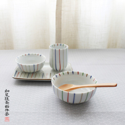 和风京瓷日式陶瓷餐具手绘彩线杯子盘饭碗碟四件套厨房家具ZAKKA