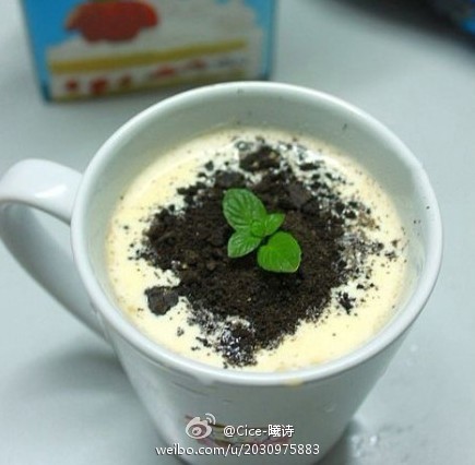 【盆栽奶茶】1.冲泡一杯简单的奶茶；2.将鲜奶油打发到7分，放到热奶茶上面；3.往表面撒上奥利奥饼干碎或者可可粉；4.最后“种”上一块小小的薄荷叶。(样子娇俏可人，作法简单易明，得闲就试下啦)。