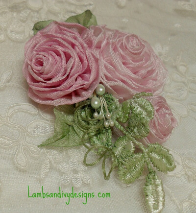 I ? ribbonwork . . . Pink Roses Pin- By lambsandivydesigns.com