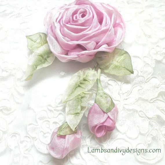 Ribbonwork Brooch Pin Pink Roses Ribbon Work by lambsandivydesigns, $28.95