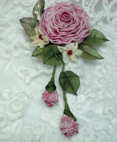 Ribbon Rose Pin Brooch Ribbonwork Pink With by lambsandivydesigns, $24.95