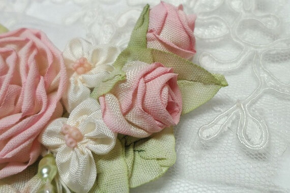 Ribbonwork Brooch Pink Roses Ribbon Work by lambsandivydesigns, $29.95