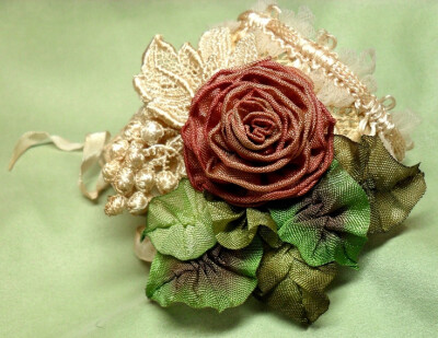 Cuff bracelet tea dyed roses ribbonwork by lambsandivydesigns, $31.95