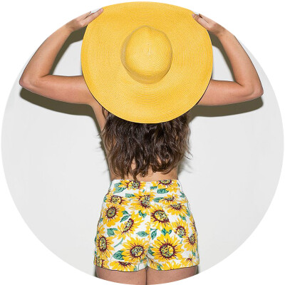 美国AA向日葵高腰短裤紧身包臀一粒扣花朵短裤sunflower热裤