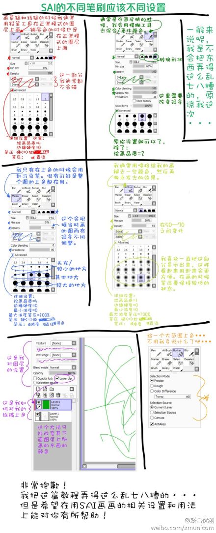 #优动漫好料推荐#【jecca-zn分享SAI笔刷设置心得】你们有没有算过自己画一副作品要换多少次笔刷？（一次也不换的举个手吧눈_눈）草稿、线稿、铺色、细节、阴影、高光……每个步骤笔触不同、带来的质感也不一样。分享的这个笔刷设置心得，适合画风走清新路线的亲哦http://t.cn/8sQ29fB