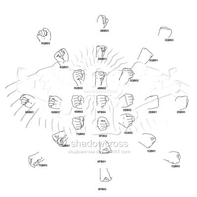 说明： 0F表示正面，4B是反面。1Q表示右下方，3Q表示右上方，5Q左上方，7Q就是左下、2S为右侧面、6S为左侧面。 下一个字母表示具体的姿态，然后后面跟的数字的意思：01表示自然状态，02、03这些就是稍微向手腕内或…