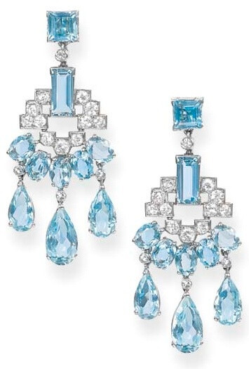 Art Deco diamond and aquamarine earrings by Cartier, circa 1930. Via Diamonds in the Library.