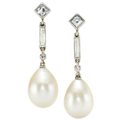 CARTIER An Art Deco Pearl Drop and Diamond Ear Pendants