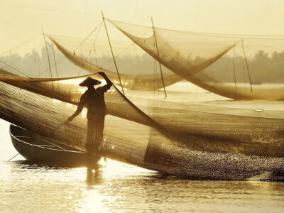 Picture of a fisherman with a net in Vietnam