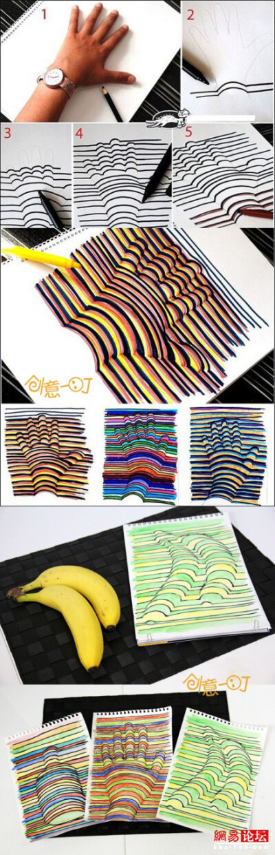 教你轻松画3D！没有功底也可画3D绘画,3D简易画！1、把物体平放纸面勾画轮廓。2、画直线，遇到先前勾画的物体轮廓时画向上的弧线。3、换彩色笔，在线下重复上一步骤，4、重复第3步。然后3D画就出现了！