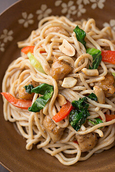 Peanut Chicken with Baby Bok Choy &amp;amp; Red Bell Peppers over Brown Rice Noodles