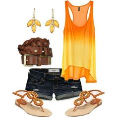 Orange shirt with jean shorts and accessories ...