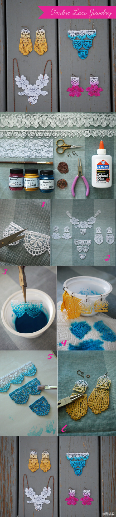 #DIY Ombre Lace Jewelry#这个蕾丝首饰和之前那个蕾丝片做法大抵相同，只是更精细些，也多了一道染色的功夫，用得是织物染料，浸一下拿起颜色会逐渐漫上来，待干后刷胶，保持硬度更不易损坏。