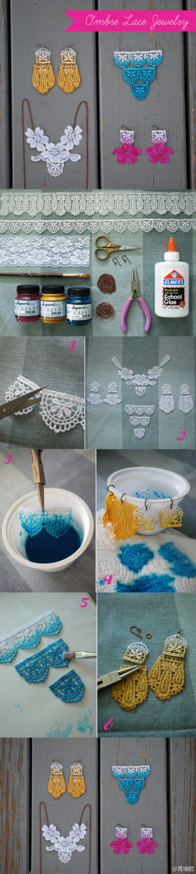 #DIY Ombre Lace Jewelry#這個蕾絲首飾和之前那個蕾絲片做法大抵相同，只是更精細(xì)些，也多了一道染色的功夫，用得是織物染料，浸一下拿起顏色會逐漸漫上來，待干后刷膠，保持硬度更不易損壞。