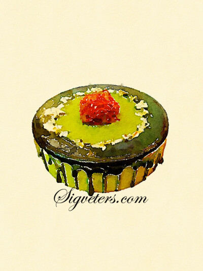 刚出炉的绿茶黑巧克力蛋糕，蛮好吃的。 西格手绘水彩食物蛋糕甜点插画系列