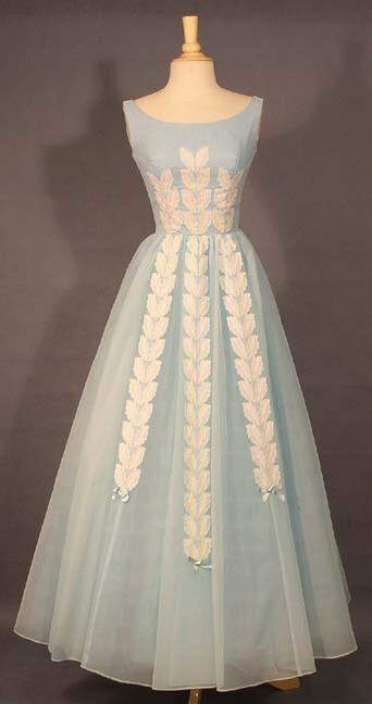 1960s Blue Chiffon Ball Gown with Ivory Appliques