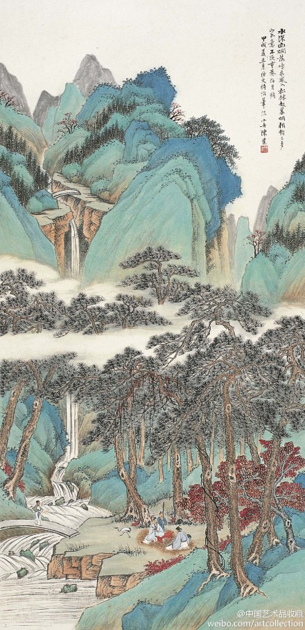 # 海上画派#【 陈达 《松风会琴图》 】立轴，纸本设色，107×52.5cm，1934年作。 款识：“水深幽磵落鸣泉，风入松林起暮烟。相对已多山水意，不须重奏伯牙弦。甲戌夏五月，仿文待诏笔法，小舟陈达。” 陈达（1892～1975），字小舟，一字志超，江苏常熟人。工山水，宗王翚、文征明及宋元名家。