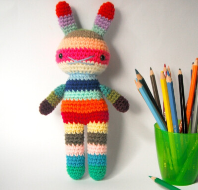 rabbit toy amigurumi crochet doll rainbow .. big bow 1 .. toy. $25,00, via Etsy.