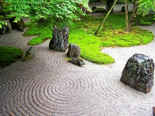 日本枯山水庭院。波浪线即代表水纹， 静中有动，水木相生，枯山水并不枯。