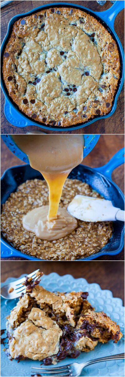 Chocolate Chip Peanut Butter Oatmeal Skillet Cookie - 3 favorite cookies combined into 1 giant cookie! So easy &amp;amp; ready in 25 minutes. Pop it in before dinner &amp;amp; enjoy!