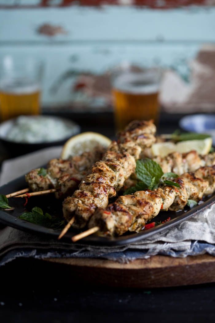 Grilled chicken kebabs with lemon, chilli and mint and an easy home-made tzatziki recipe | DrizzleandDip.com #recipes #food