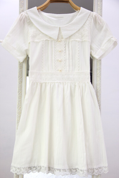 2014夏装新款复古甜美公主蝴蝶结珍珠衬衣翻领蕾丝花边短袖连衣裙