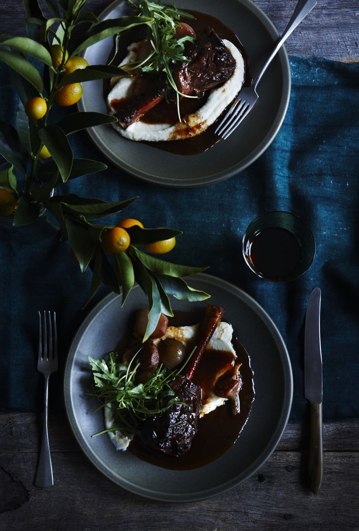 Slow roasted balsamic lamb shanks with cauliflower puree