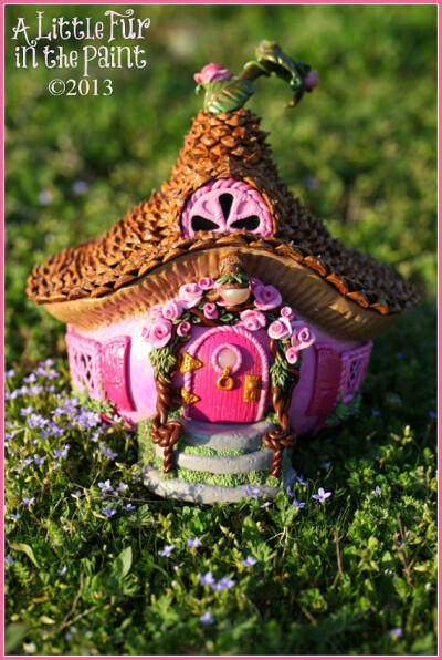 Pink Rose Fairy Cottage - OOAK - Gourd, Polymer Clay, Whimsical Faerie House