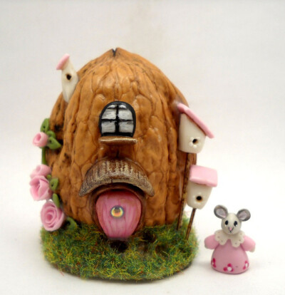 Micro fantasy house in a walnut shell - furnished with tiny mouse, by LORY.