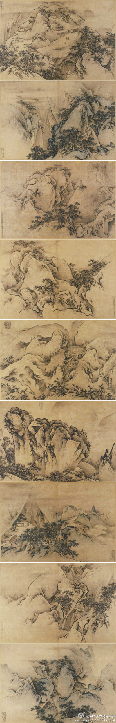 明 王履《華山圖冊》局部2 —— 紙本設(shè)色，34.5 × 50.5 釐米，現(xiàn)藏故宮博物院。此畫繪華岳諸峰奇景，真實(shí)又全面地再現(xiàn)了西嶽華山“秀拔之神、雄特之觀”的自然變化之妙，並塑造出如險(xiǎn)峻、蒼茫、空曠、幽深、秀麗、壯…