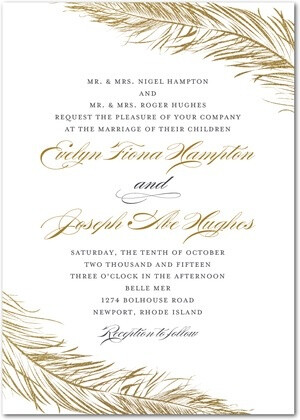 This elegant wedding invitation is a contemporary take on a formal template. The delicate feather embellishments add an element of fun.