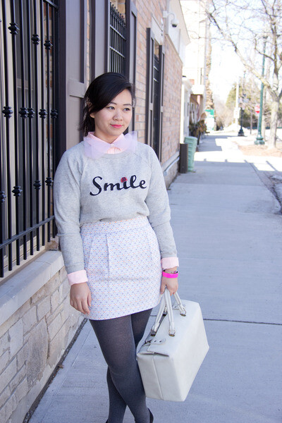 pink pastel JCrew shirt - ivory Club Monaco skirt