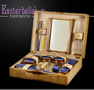 Deco Era Guilloche Enameled Toiletry 8 Piece Travel Set in Original Case from Easterbelle's Wonderland Emporium Exclusively on Ruby Lane