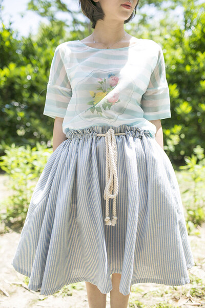 原创设计女装品牌2014夏季新品轻复古系麻绳大摆拼接竖条纹棉半裙