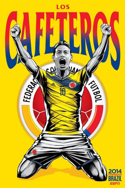 Colombia 哥伦比亚 巴西艺术家克里斯蒂亚诺·斯奎拉(Cristiano Siqueira)应ESPN之邀为2014年世界杯32强制作宣传海报，海报非常漂亮，体现了各队的特色。