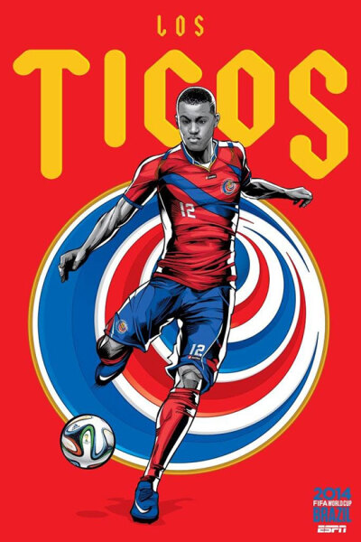Costa Rica 哥斯达黎加 巴西艺术家克里斯蒂亚诺·斯奎拉(Cristiano Siqueira)应ESPN之邀为2014年世界杯32强制作宣传海报，海报非常漂亮，体现了各队的特色。