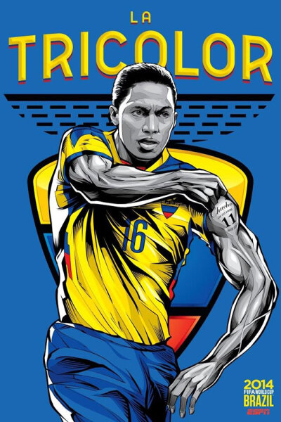 Ecuador 厄瓜多尔 巴西艺术家克里斯蒂亚诺·斯奎拉(Cristiano Siqueira)应ESPN之邀为2014年世界杯32强制作宣传海报，海报非常漂亮，体现了各队的特色。