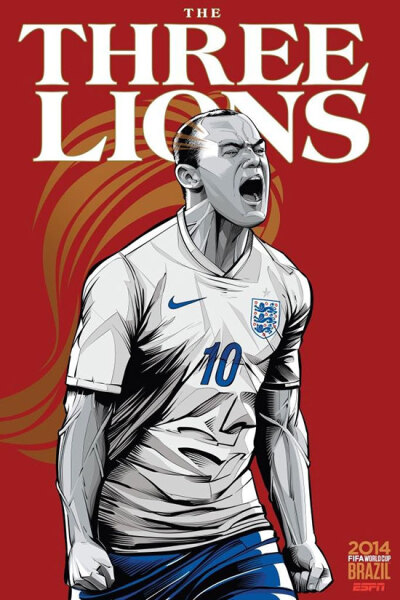 England 英格兰 巴西艺术家克里斯蒂亚诺·斯奎拉(Cristiano Siqueira)应ESPN之邀为2014年世界杯32强制作宣传海报，海报非常漂亮，体现了各队的特色。