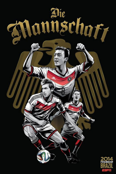Germany 德国 巴西艺术家克里斯蒂亚诺·斯奎拉(Cristiano Siqueira)应ESPN之邀为2014年世界杯32强制作宣传海报，海报非常漂亮，体现了各队的特色。
