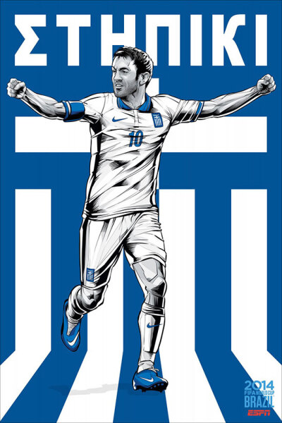 Greece 希腊 巴西艺术家克里斯蒂亚诺·斯奎拉(Cristiano Siqueira)应ESPN之邀为2014年世界杯32强制作宣传海报，海报非常漂亮，体现了各队的特色。