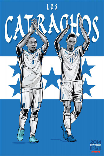 Honduras 洪都拉斯 巴西艺术家克里斯蒂亚诺·斯奎拉(Cristiano Siqueira)应ESPN之邀为2014年世界杯32强制作宣传海报，海报非常漂亮，体现了各队的特色。