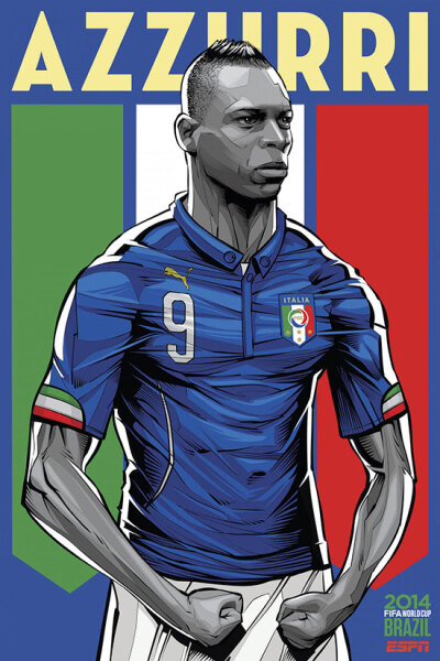 Italy 意大利 巴西艺术家克里斯蒂亚诺·斯奎拉(Cristiano Siqueira)应ESPN之邀为2014年世界杯32强制作宣传海报，海报非常漂亮，体现了各队的特色。
