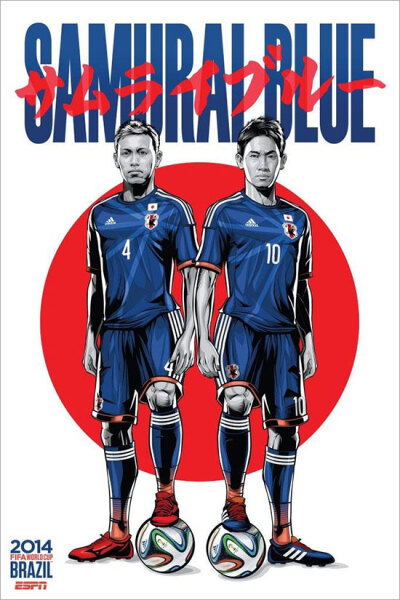 Japan 日本 巴西艺术家克里斯蒂亚诺·斯奎拉(Cristiano Siqueira)应ESPN之邀为2014年世界杯32强制作宣传海报，海报非常漂亮，体现了各队的特色。