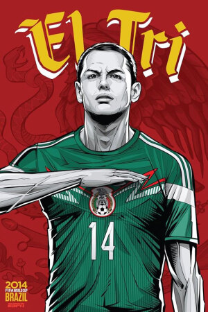 Mexico 墨西哥 巴西艺术家克里斯蒂亚诺·斯奎拉(Cristiano Siqueira)应ESPN之邀为2014年世界杯32强制作宣传海报，海报非常漂亮，体现了各队的特色。