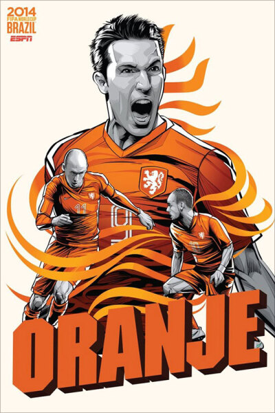 Netherlands 荷兰 巴西艺术家克里斯蒂亚诺·斯奎拉(Cristiano Siqueira)应ESPN之邀为2014年世界杯32强制作宣传海报，海报非常漂亮，体现了各队的特色。