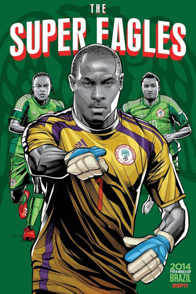 Nigeria 尼日利亚 巴西艺术家克里斯蒂亚诺·斯奎拉(Cristiano Siqueira)应ESPN之邀为2014年世界杯32强制作宣传海报，海报非常漂亮，体现了各队的特色。